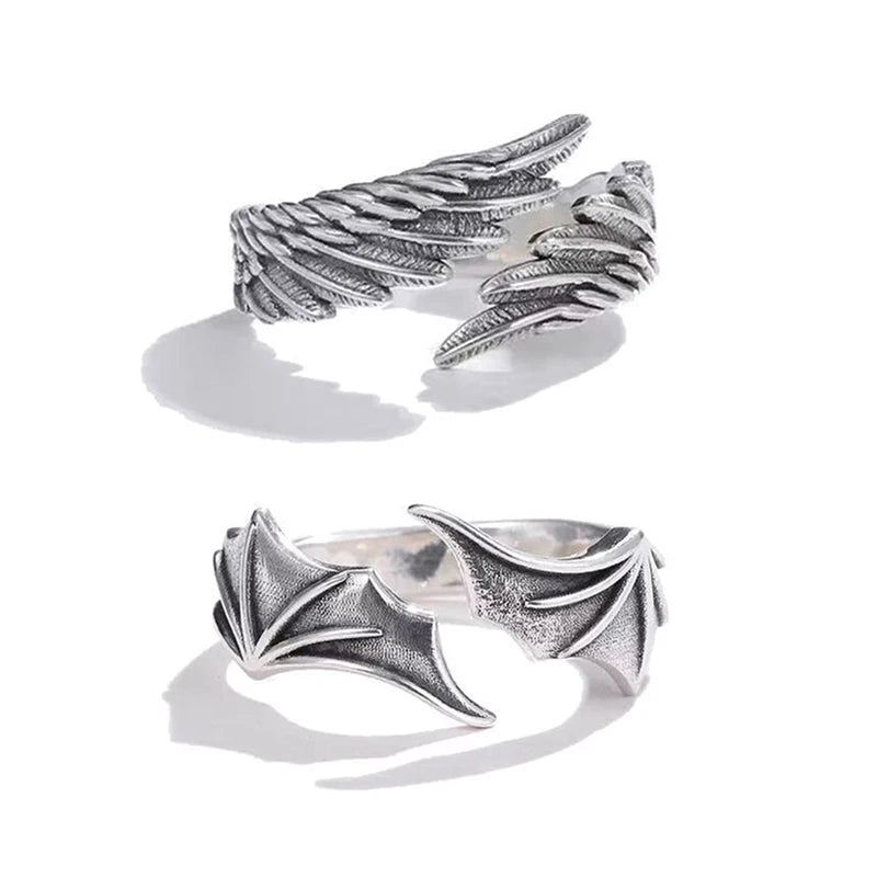 2 piezas/paquete Vintage Angel Wing Demon Eye Hip Hop anillos ajustables para parejas para hombres y mujeres joyería de color plata retro nueva tendencia 2023 