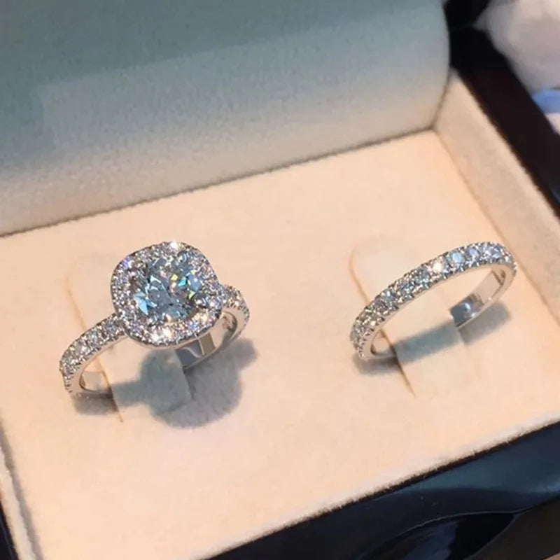 Juego de 2 anillos de lujo con piedra de circonita AAA para mujer, anillos de boda nupciales de moda para mujer, anillos de amor 