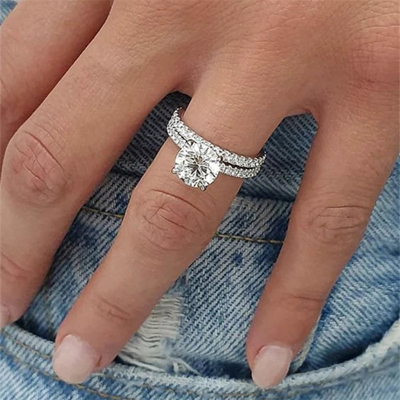 Juego de 2 anillos de lujo con piedra de circonita AAA para mujer, anillos de boda nupciales de moda para mujer, anillos de amor 