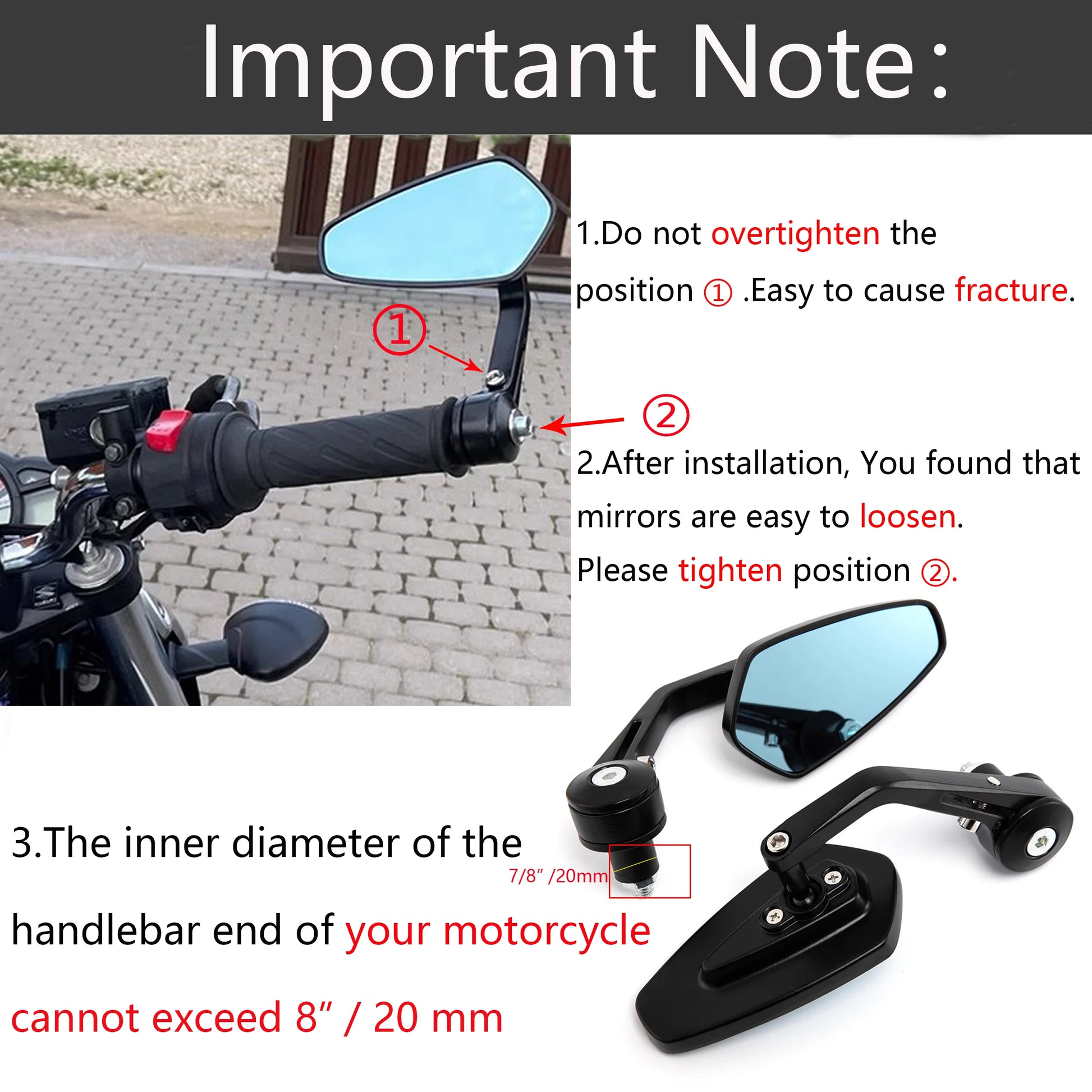 2x 7/8" 20mm Motorcycle Rear View Mirrors Anti-Glare HD Motorbike Handlebar End Side Mirror for Scooters ATV Bike Motorcycles Leedoar