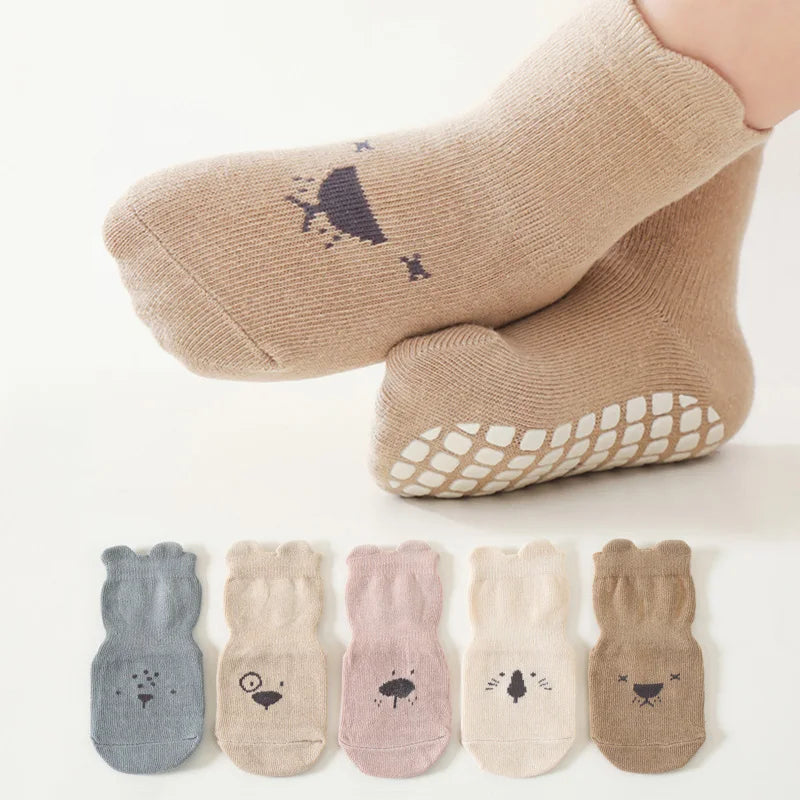 3/5 Pairs Baby Adorable Animals Pattern Non Slip Floor Socks, Breathable Casual Socks For Boys and Girls Kids Indoor Activities Leedoar