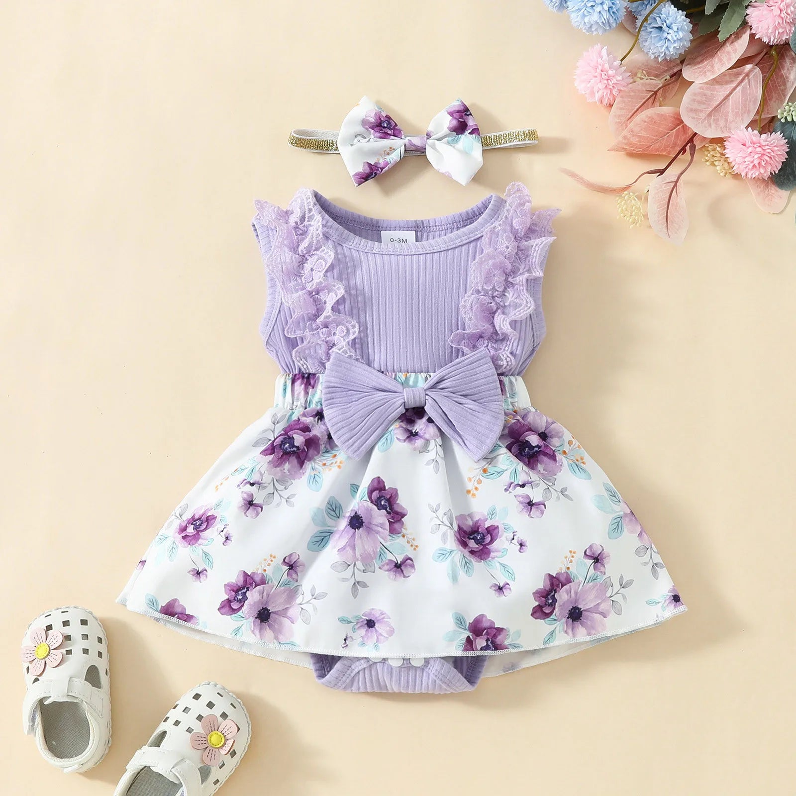 3 6 9 18M Summer Bodysuits For Newborn Girls Rib Bowknot Floral Print Jumpsuit Romper Dress Princess Infant Baby Girl Clothes Leedoar