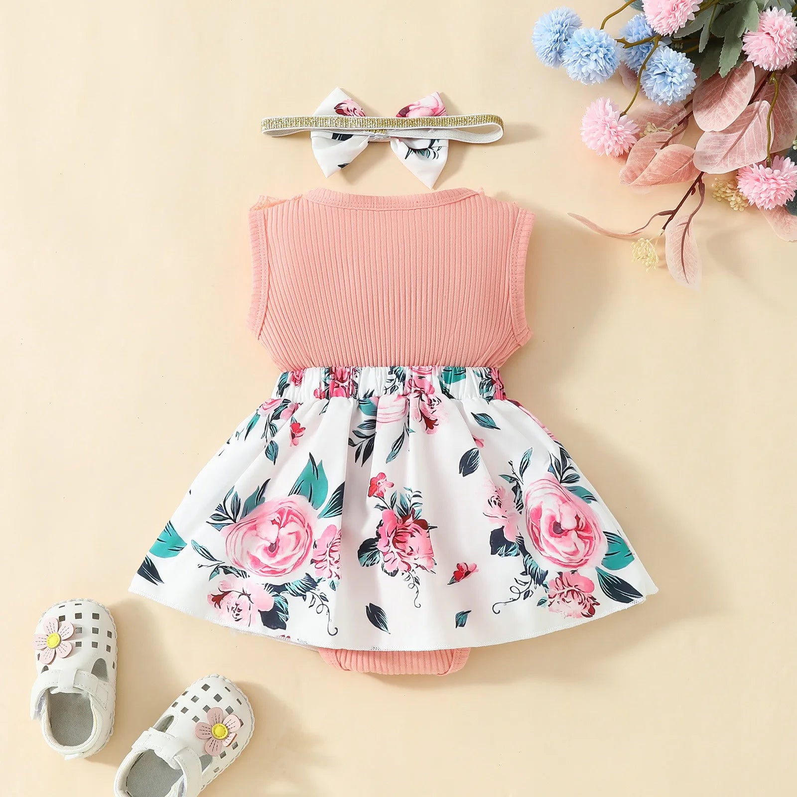 3 6 9 18M Summer Bodysuits For Newborn Girls Rib Bowknot Floral Print Jumpsuit Romper Dress Princess Infant Baby Girl Clothes Leedoar