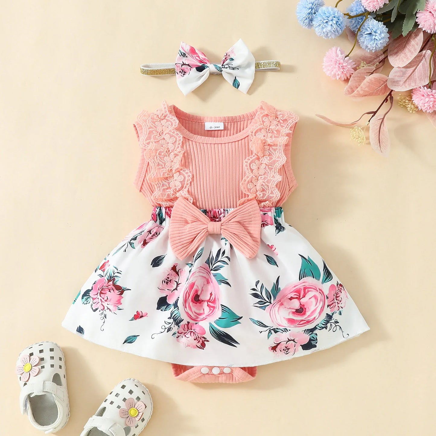 3 6 9 18M Summer Bodysuits For Newborn Girls Rib Bowknot Floral Print Jumpsuit Romper Dress Princess Infant Baby Girl Clothes Leedoar