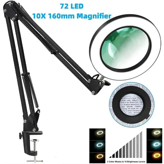 3 Colors LED Magnifying Glass  72LED 8X/10X NEW Illuminated Magnifier USB for Soldering Iron Repair/Table Lamp/Skincare Beauty