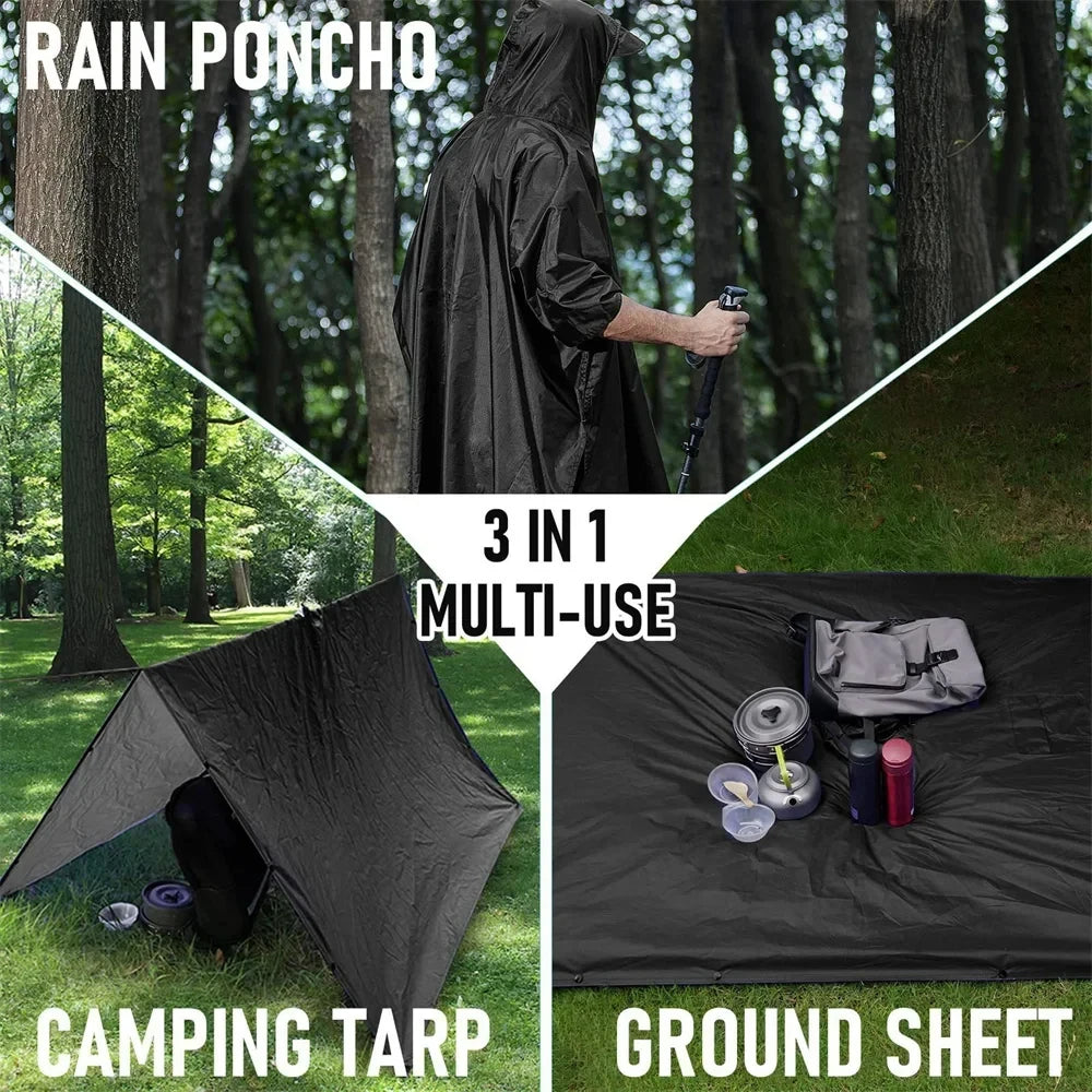 3 In 1 Outdoor Military Raincoat Hooded Sleeve Waterproof Rain Poncho Motorcycle Rain Cover Camping Hiking Travel Rainwear Tent Leedoar