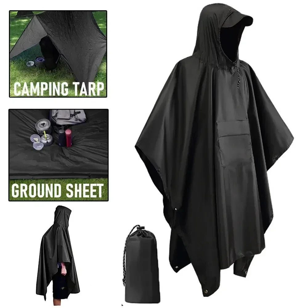 3 In 1 Outdoor Military Raincoat Hooded Sleeve Waterproof Rain Poncho Motorcycle Rain Cover Camping Hiking Travel Rainwear Tent Leedoar