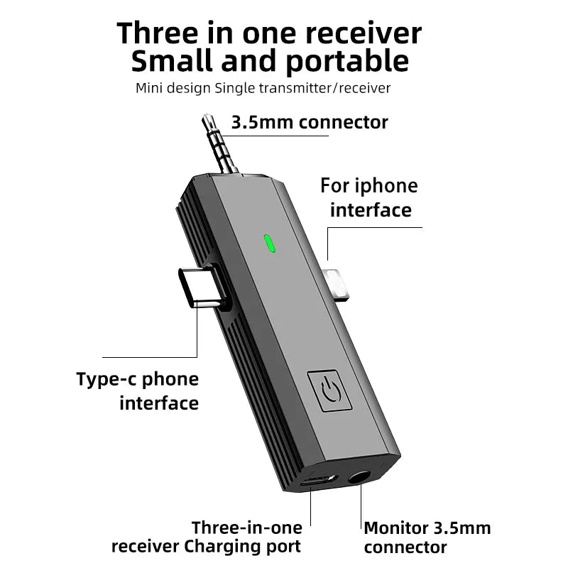 Microfone de lapela sem fio 3 em 1, microfone inteligente com redução de ruído para iPhone Tipo C, conector de 3,5 mm, smartphone, câmera SLR, PC 