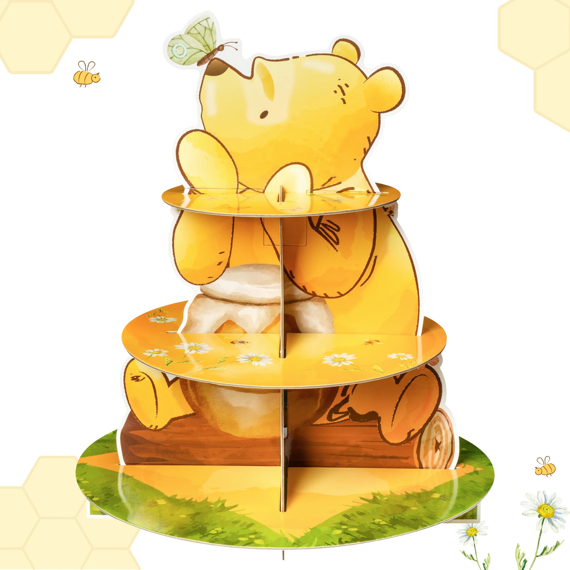 3 Layers Honey Bear Cupcake Stand Cute Cartoon Cardboard Yellow Mel Bear Cake Stand for Baby Shower Birthday Party Kids Activity Leedoar