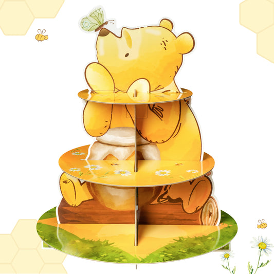 Suporte para cupcake de urso de mel de 3 camadas, fofo desenho animado, papelão, amarelo, urso de mel, suporte para bolo para chá de bebê, festa de aniversário, atividade infantil