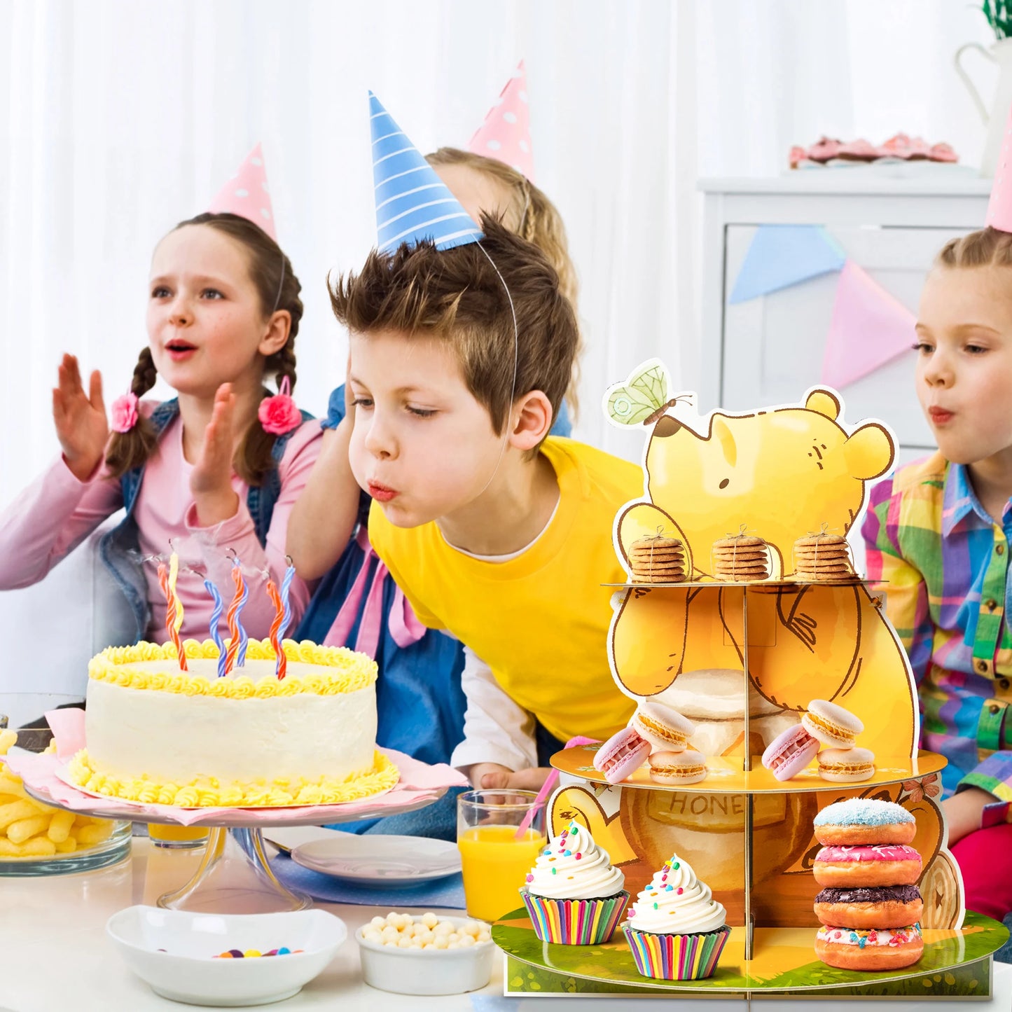 3 Layers Honey Bear Cupcake Stand Cute Cartoon Cardboard Yellow Mel Bear Cake Stand for Baby Shower Birthday Party Kids Activity Leedoar