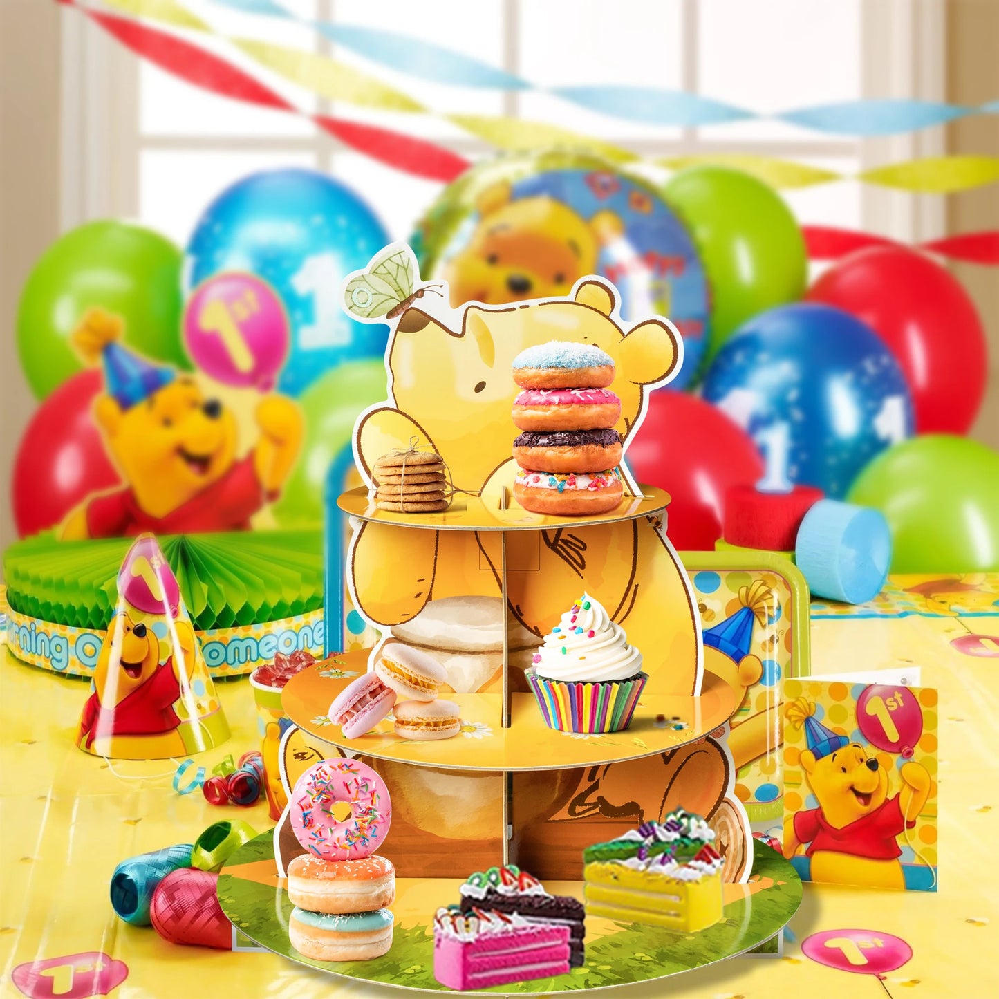 3 Layers Honey Bear Cupcake Stand Cute Cartoon Cardboard Yellow Mel Bear Cake Stand for Baby Shower Birthday Party Kids Activity Leedoar