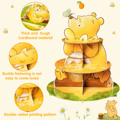 3 Layers Honey Bear Cupcake Stand Cute Cartoon Cardboard Yellow Mel Bear Cake Stand for Baby Shower Birthday Party Kids Activity Leedoar