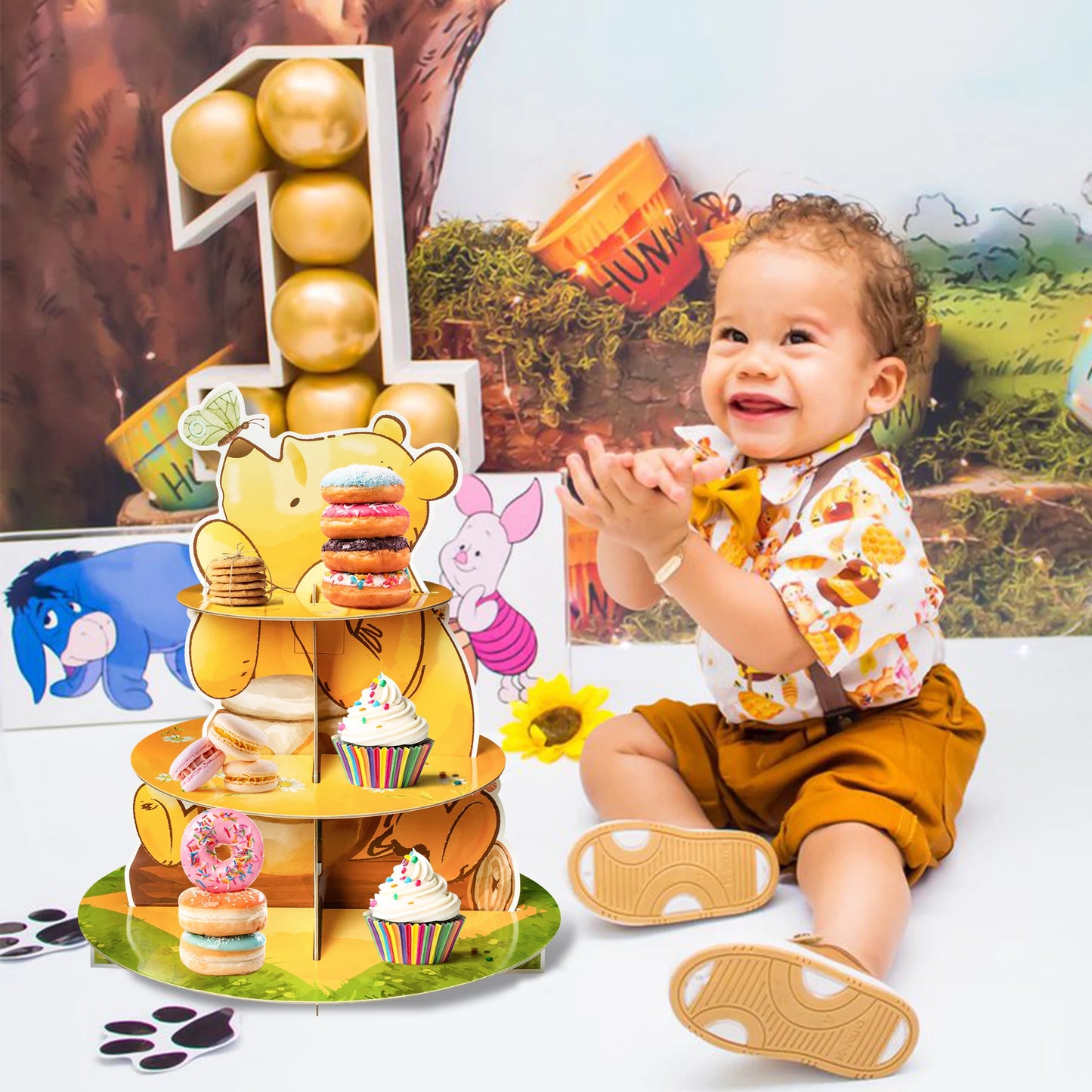 3 Layers Honey Bear Cupcake Stand Cute Cartoon Cardboard Yellow Mel Bear Cake Stand for Baby Shower Birthday Party Kids Activity Leedoar