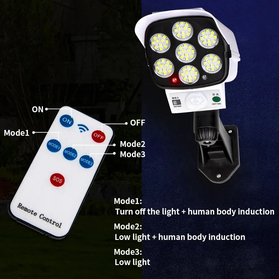 3 Modes Multi-angle Lighting Remote Control Solar Powered Simulation Monitoring Induction Wall Lamp Spot with Red Light Warning Leedoar