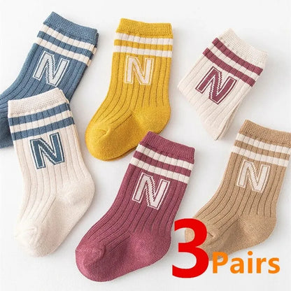 3 Pairs Baby Letter Socks Knit Soft Cotton Sock Kids Long Knee High Socks Infant Toddler Baby Boys Girls Cute Stripe Socks Leedoar