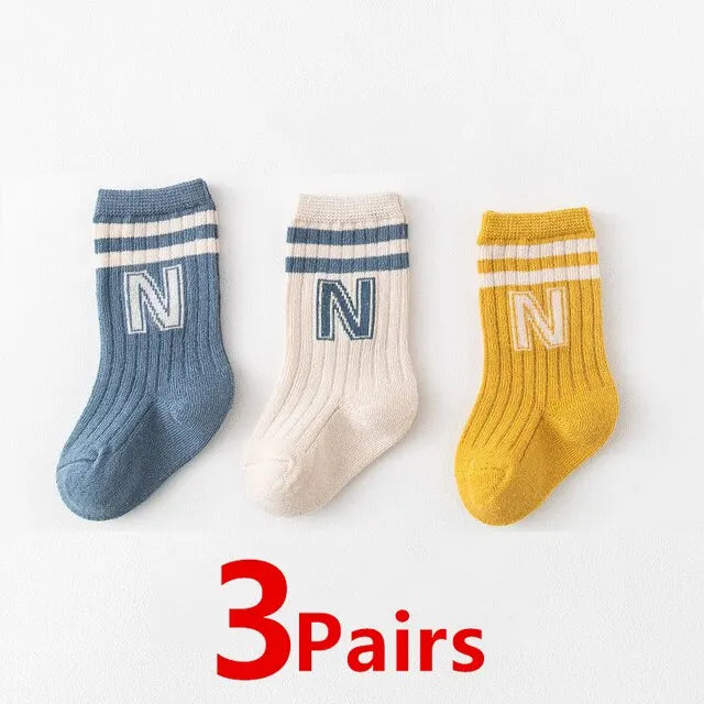 3 Pairs Baby Letter Socks Knit Soft Cotton Sock Kids Long Knee High Socks Infant Toddler Baby Boys Girls Cute Stripe Socks Leedoar