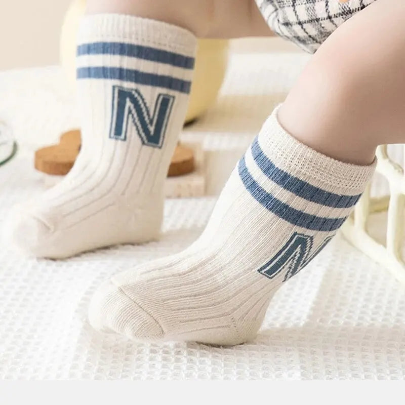 3 Pairs Baby Letter Socks Knit Soft Cotton Sock Kids Long Knee High Socks Infant Toddler Baby Boys Girls Cute Stripe Socks Leedoar