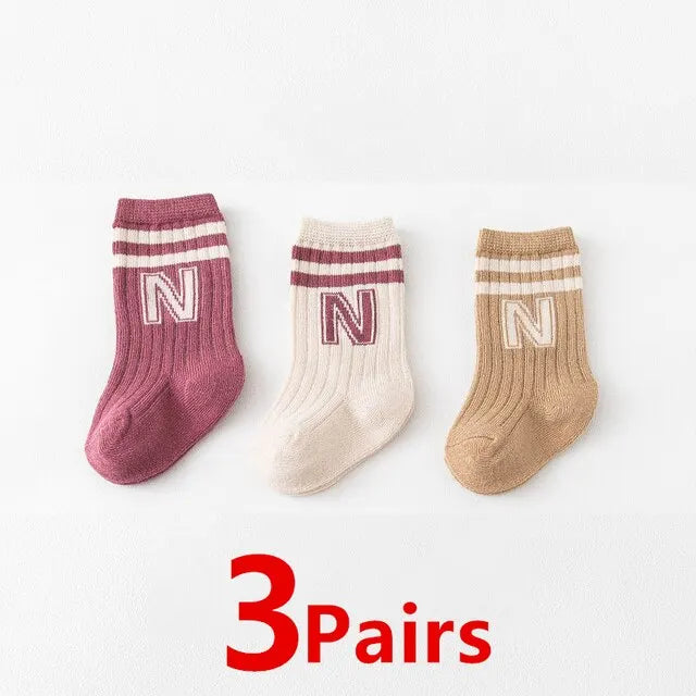 3 Pairs Baby Letter Socks Knit Soft Cotton Sock Kids Long Knee High Socks Infant Toddler Baby Boys Girls Cute Stripe Socks Leedoar