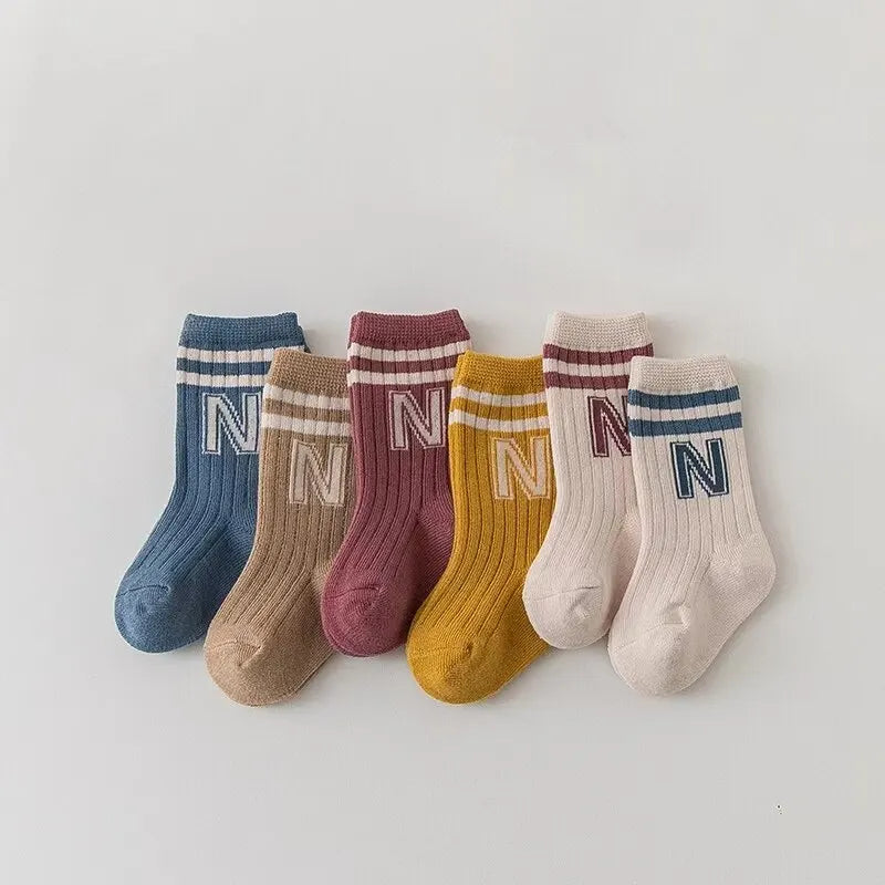 3 Pairs Baby Letter Socks Knit Soft Cotton Sock Kids Long Knee High Socks Infant Toddler Baby Boys Girls Cute Stripe Socks Leedoar