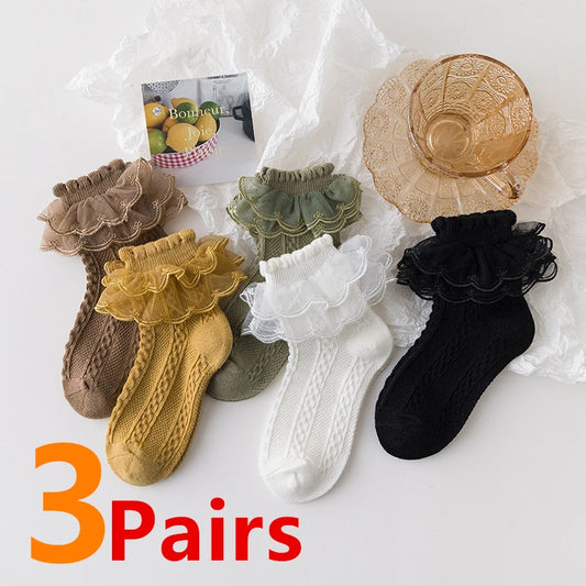 3 Pairs/Lot Summer Girls Socks Baby Kids Ruffle Sock Cute Children Frilly White Black Lace Cotton Socks For 1-10Years Leedoar