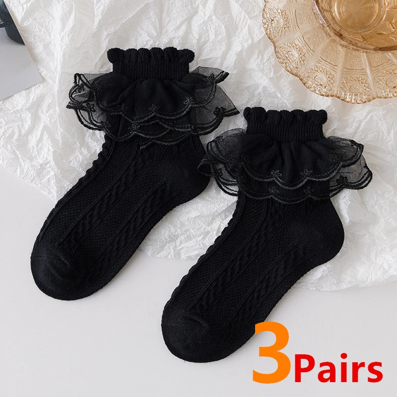 3 pares/lote de calcetines de verano para niñas, calcetines con volantes para bebés y niños, bonitos calcetines de algodón con encaje blanco y negro para niños de 1 a 10 años 