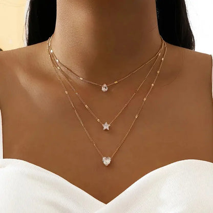 3 Pcs Gold-Color Simple Multilayered Pendant Necklace For Girls Women Star Heart Shaped Pendant Necklace Jewelry For Birthday Gi Leedoar