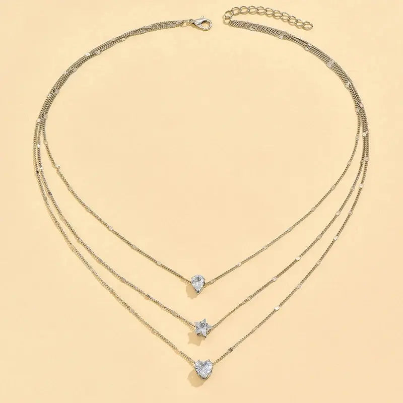 3 Pcs Gold-Color Simple Multilayered Pendant Necklace For Girls Women Star Heart Shaped Pendant Necklace Jewelry For Birthday Gi Leedoar