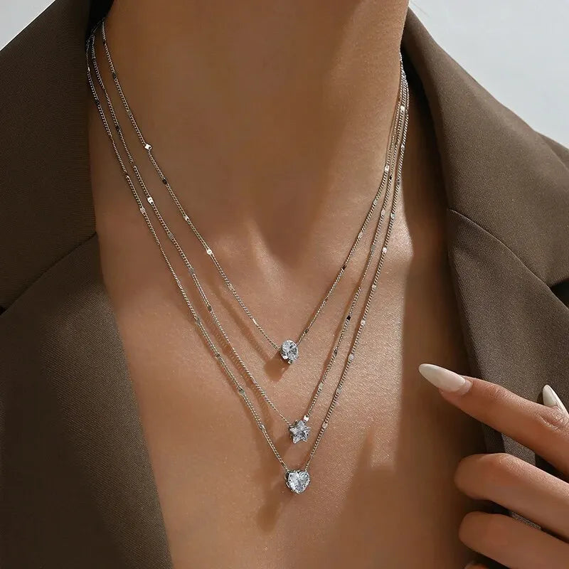 3 Pcs Gold-Color Simple Multilayered Pendant Necklace For Girls Women Star Heart Shaped Pendant Necklace Jewelry For Birthday Gi Leedoar
