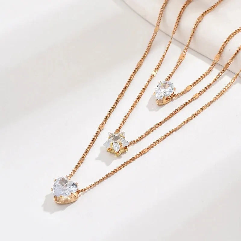 3 Pcs Gold-Color Simple Multilayered Pendant Necklace For Girls Women Star Heart Shaped Pendant Necklace Jewelry For Birthday Gi Leedoar