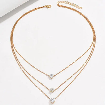 3 Pcs Gold-Color Simple Multilayered Pendant Necklace For Girls Women Star Heart Shaped Pendant Necklace Jewelry For Birthday Gi Leedoar