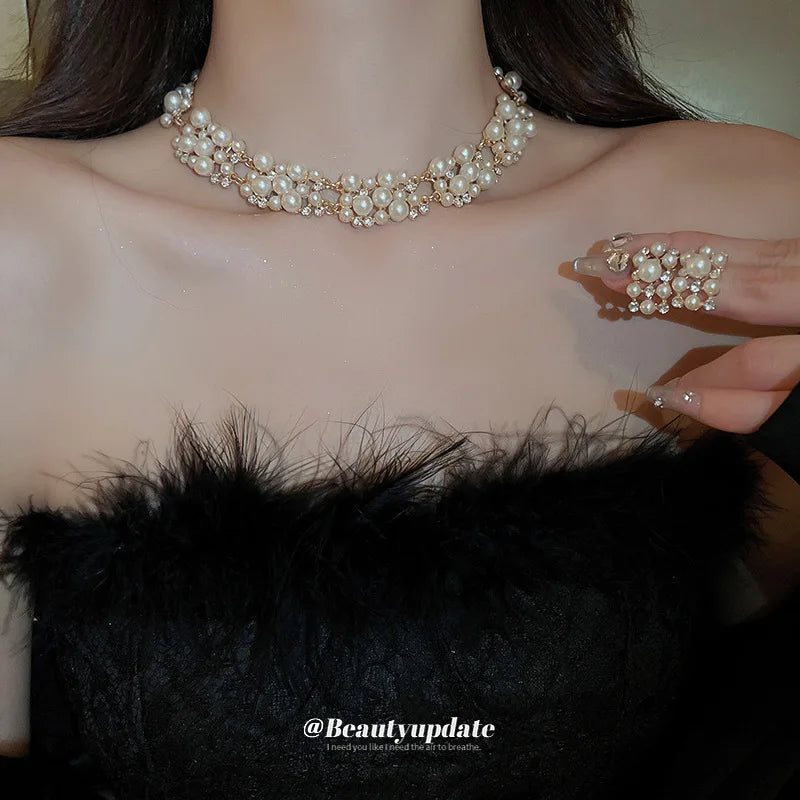 3 Pcs Rhinestone Pearl Rectangular Earrings Necklace Set Two-piece Vintage Choker Accessory Light Luxury Jewelry Sets Wedding Leedoar