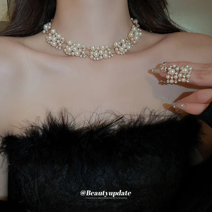 3 Pcs Rhinestone Pearl Rectangular Earrings Necklace Set Two-piece Vintage Choker Accessory Light Luxury Jewelry Sets Wedding Leedoar