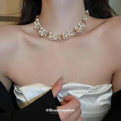 3 Pcs Rhinestone Pearl Rectangular Earrings Necklace Set Two-piece Vintage Choker Accessory Light Luxury Jewelry Sets Wedding Leedoar