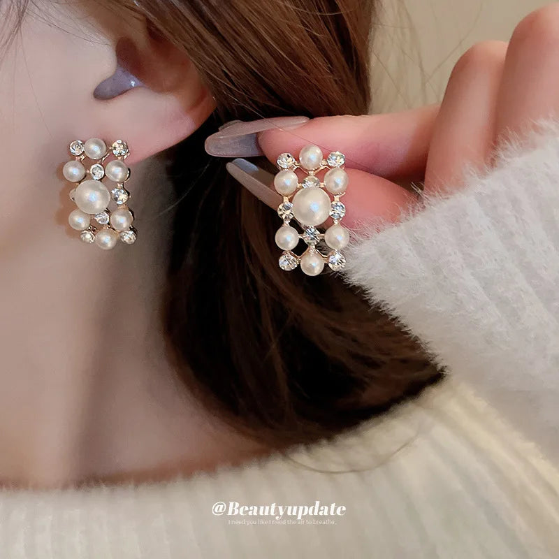 3 Pcs Rhinestone Pearl Rectangular Earrings Necklace Set Two-piece Vintage Choker Accessory Light Luxury Jewelry Sets Wedding Leedoar