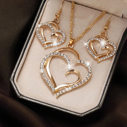 3 Pcs Set Heart Shaped Jewelry Set Of Earrings Pendant Necklace For Women Exquisite Fashion Rhinestone Double Heart Jewelry Set Leedoar