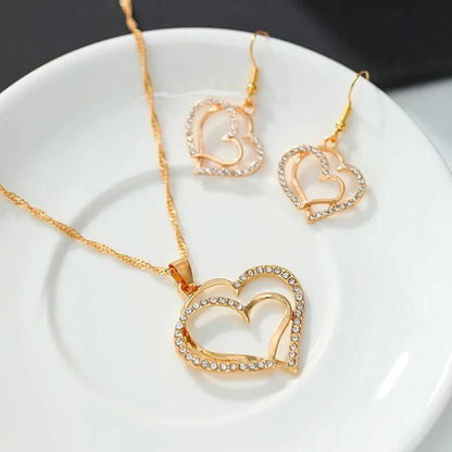 3 Pcs Set Heart Shaped Jewelry Set Of Earrings Pendant Necklace For Women Exquisite Fashion Rhinestone Double Heart Jewelry Set Leedoar