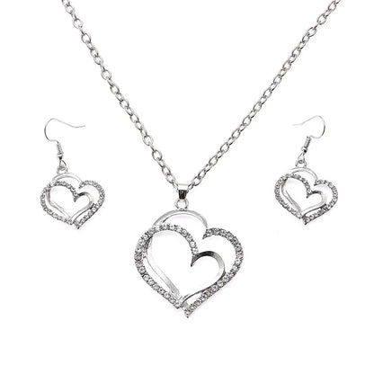 3 Pcs Set Heart Shaped Jewelry Set Of Earrings Pendant Necklace For Women Exquisite Fashion Rhinestone Double Heart Jewelry Set Leedoar