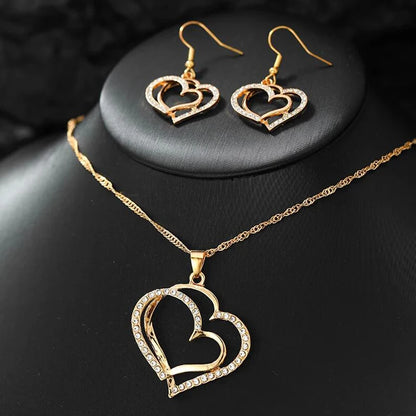 3 Pcs Set Heart Shaped Jewelry Set Of Earrings Pendant Necklace For Women Exquisite Fashion Rhinestone Double Heart Jewelry Set Leedoar