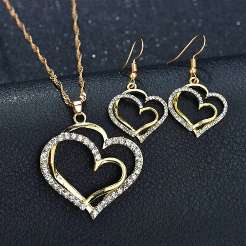 3 Pcs Set Heart Shaped Jewelry Set Of Earrings Pendant Necklace For Women Exquisite Fashion Rhinestone Double Heart Jewelry Set Leedoar