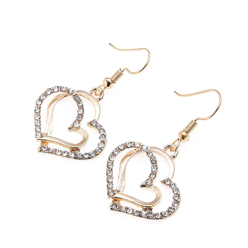 3 Pcs Set Heart Shaped Jewelry Set Of Earrings Pendant Necklace For Women Exquisite Fashion Rhinestone Double Heart Jewelry Set Leedoar