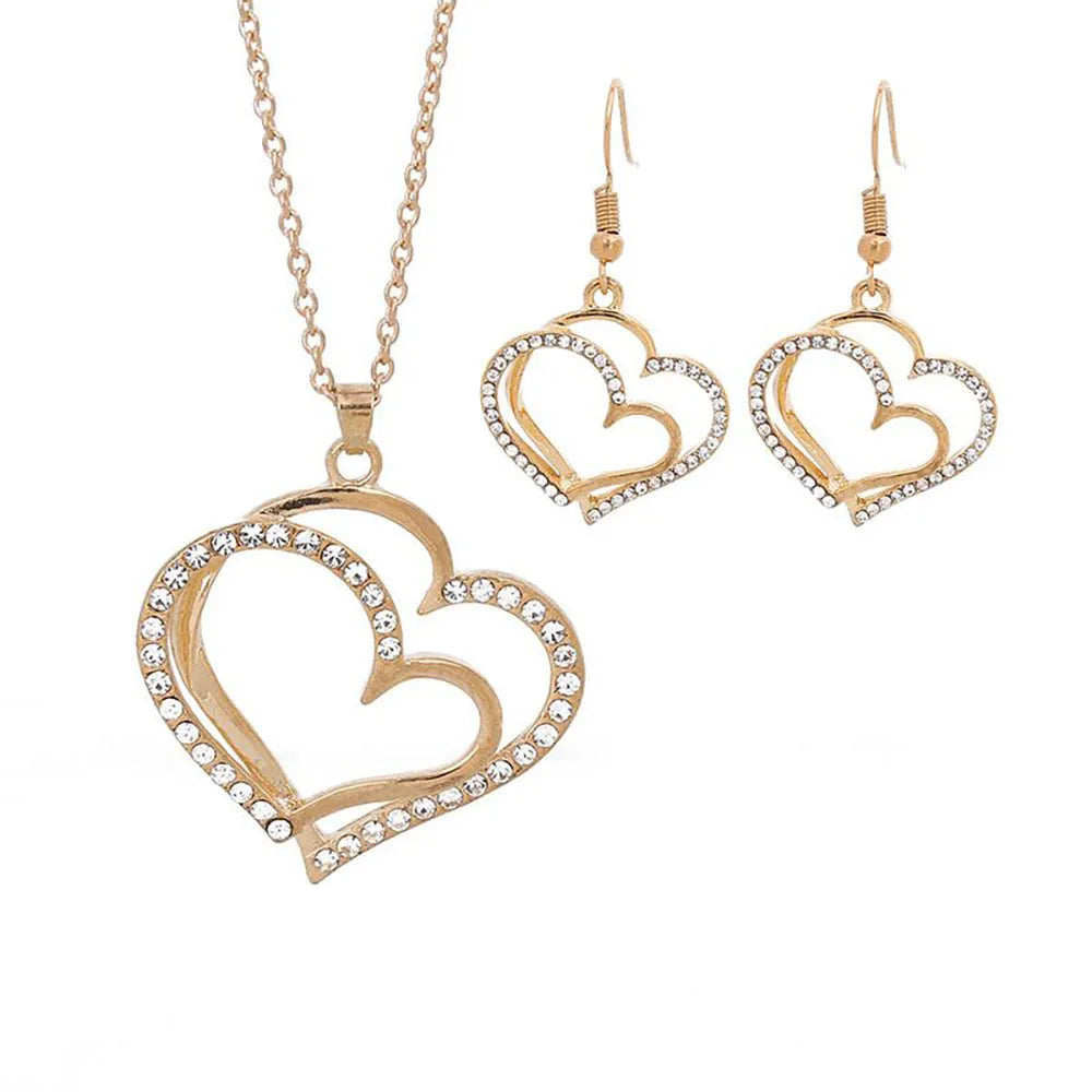 3 Pcs Set Heart Shaped Jewelry Set Of Earrings Pendant Necklace For Women Exquisite Fashion Rhinestone Double Heart Jewelry Set Leedoar