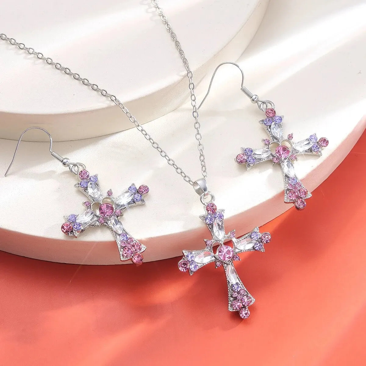 3 Pcs/Set New Fashionable And Minimalist Cross Heart Pendants Earrings Necklaces Jewelry Sets Women's Party GiftsTrendy Jewelry Leedoar