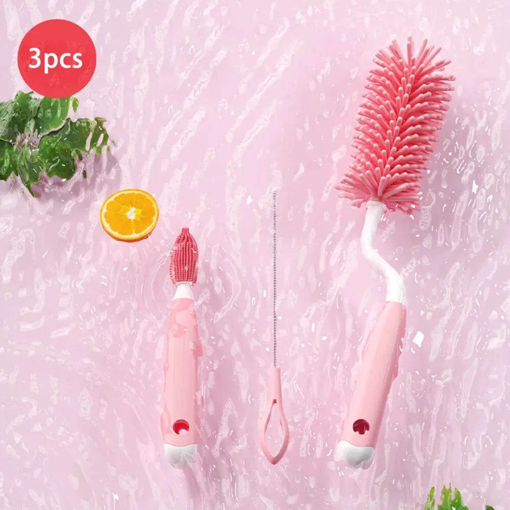 3-Piece Silicone Bottle Brush 360° Rotating Baby Nipple Brush Washing Cup Brush Bottle Cleaning Brush Set Leedoar