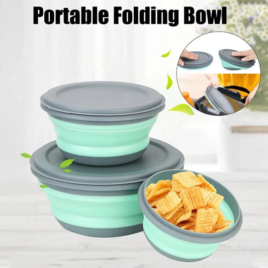 3 Pieces Silicone Folding Bowls with Lid Foldable Lunch Box Portable Salad Bowl Sets Leedoar