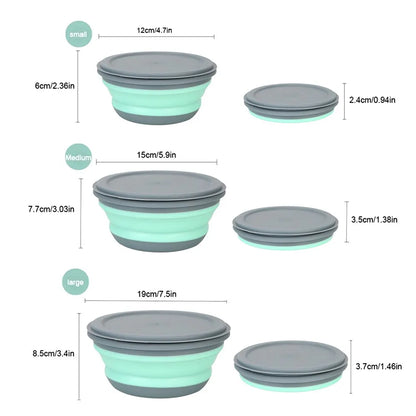 3 peças de tigelas dobráveis ​​de silicone com tampa lancheira dobrável conjuntos de tigelas de salada portáteis 