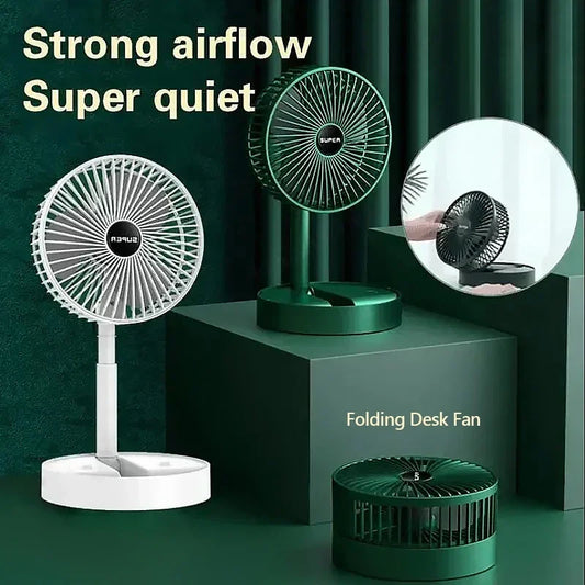 Ventilador de suporte de altura ajustável super silencioso de 3 velocidades, dobrável, portátil, telescópico, de chão/USB com bateria recarregável 