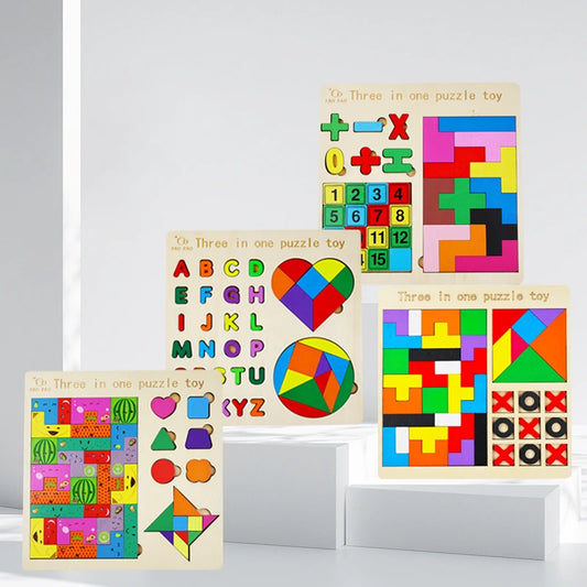 Rompecabezas de madera 3 en 1, juguete cognitivo de formas y colores, juegos para el cerebro para niños, rompecabezas de madera, juguetes Tangram para niños 