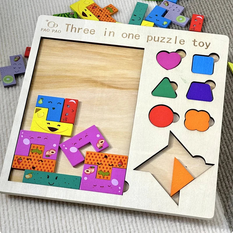 Rompecabezas de madera 3 en 1, juguete cognitivo de formas y colores, juegos para el cerebro para niños, rompecabezas de madera, juguetes Tangram para niños 