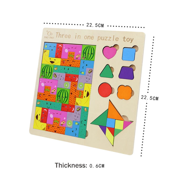 Rompecabezas de madera 3 en 1, juguete cognitivo de formas y colores, juegos para el cerebro para niños, rompecabezas de madera, juguetes Tangram para niños 